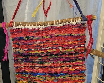 Handwoven Sari Silk Fiber Art: Boho Wall Tapestry with Maple Branch