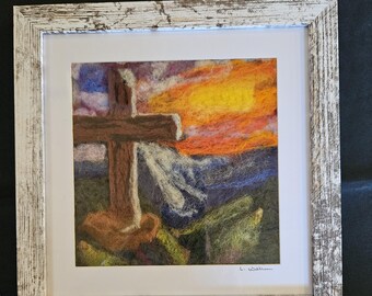 Needle Felted Wool Painting: Old Rugged Cross, Distressed White Frame