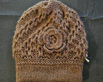Crocheted 100% Alpaca Flower Beanie Knit