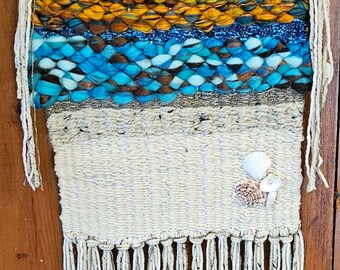 Handwoven Fiber Art Tapestry: Carolina Beach Sunrise, Seashell Decor