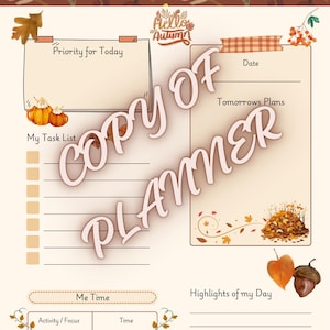 Może przedstawiać: Strona planera dziennego zatytułowana My Daily Fall Planner z jesiennymi ilustracjami, w tym dyniami, żołędziami i liśćmi. Sekcje obejmują Priority for Today, My Task List, Date, Tomorrows Plans, Me Time oraz Highlights of my Day.