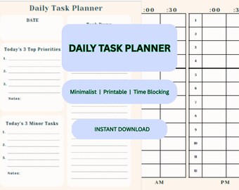 Planificador de tareas diarias imprimible / Planificador de productividad PDF / Lista de tareas minimalista / Planificador de prioridades / Planificador de bloqueo de tiempo