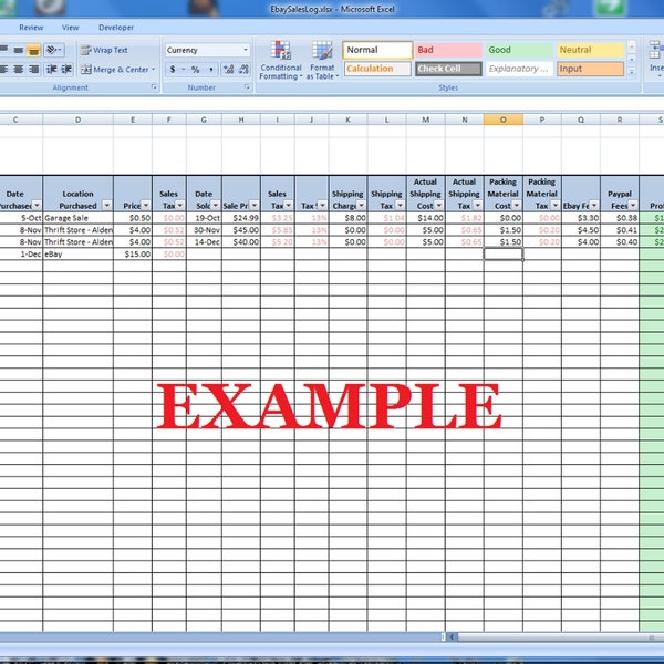 Excel Item Spreadsheet Inventory Sales Tracking Log Sheet for Ecommerce Online Sellers Microsoft Auction listing tracker sell sales