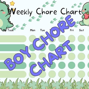 May include: A weekly chore chart featuring two green cartoon dinosaurs, one smiling and one eating a strawberry. The chart includes columns for days of the week, rows for tasks, and green circular check-off spots, with the text Weekly Chore Chart.
