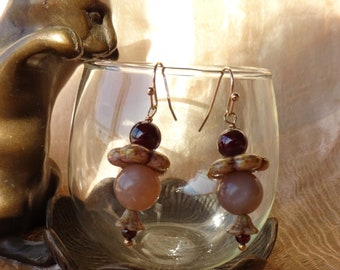 floral earrings, sunstone, garnet, golden pink Bohemian glass