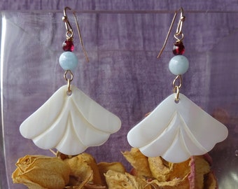 ginkgo biloba leaf earrings white mother-of-pearl, aquamarine, garnet, rose gold