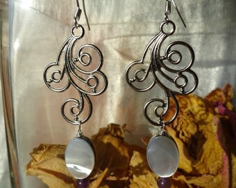 Ovale Ohrringe im Art-Deco-Stil aus schwarzem Perlmutt, Amethyst und Silber