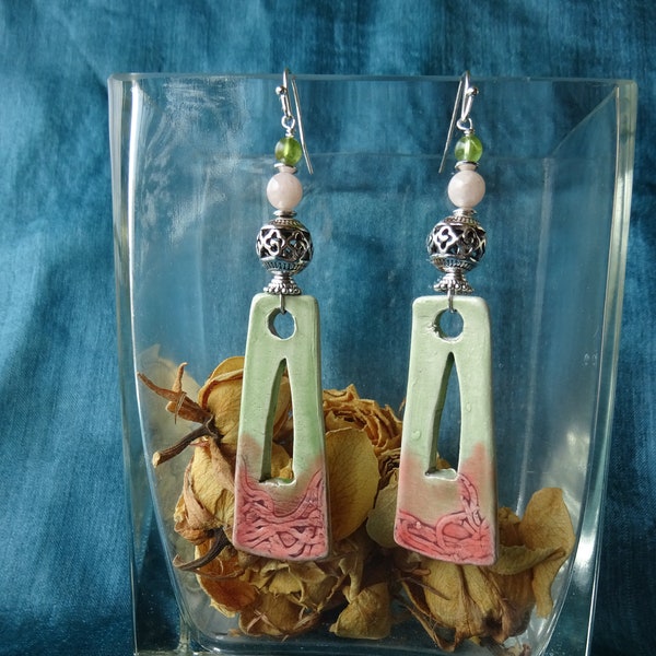 Large baroque earrings pastel ceramic pistachio and salmon, morganite, peridot, silver