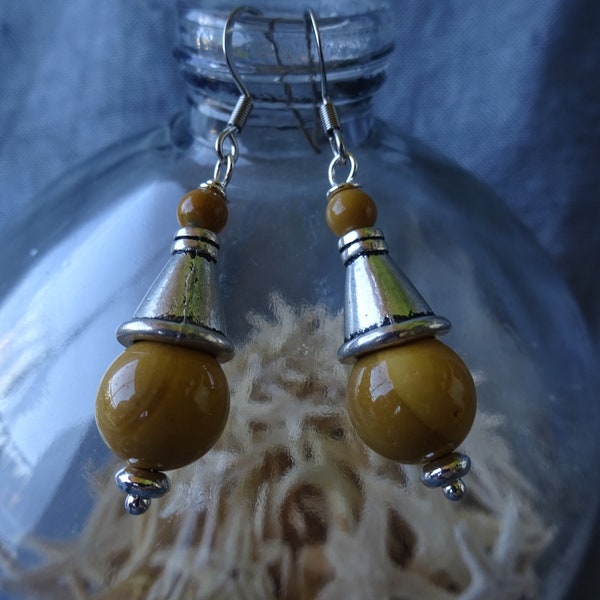 boucles d'oreilles ethniques jaspe mookaite jaune moutarde, argent tibétain