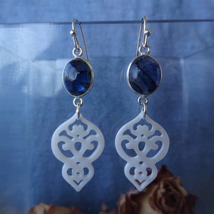 romantic blue labradorite earrings set in silver, white mother-of-pearl arabesque