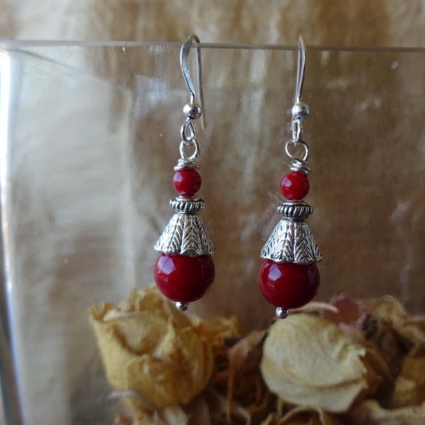 boucles d'oreilles ethniques corail bambou, argent tibétain