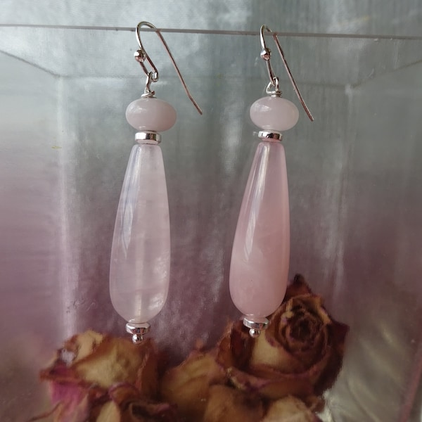 boucles d'oreilles goutte quartz rose, hématite argent