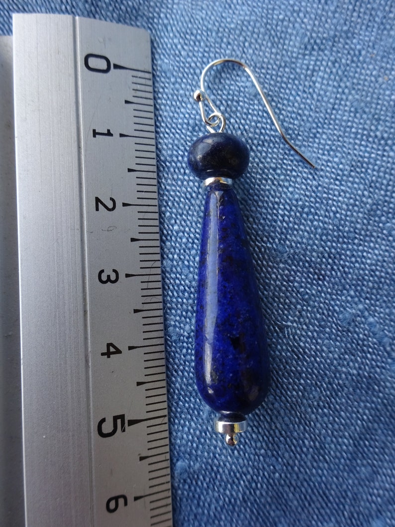 boucles d'oreilles longues gouttes et rondelles lapis-lazuli, hématite argentée imagem 3