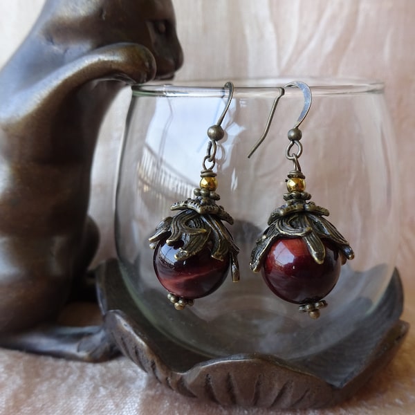 boucles d'oreilles art nouveau oeil de tigre rouge, tulipe bronze