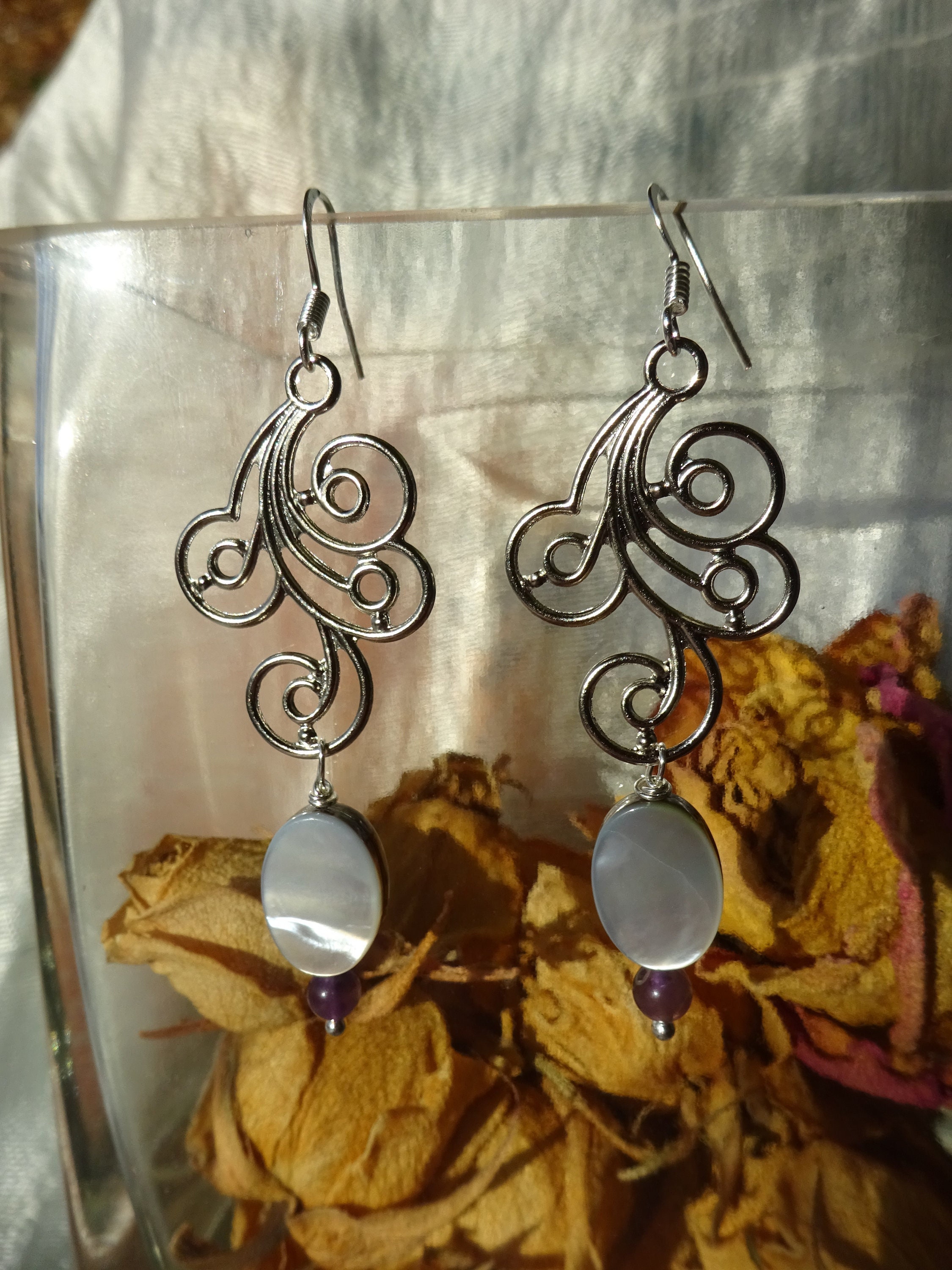 Boucles D'Oreilles Pendantes Argent Massif - Trio De Nacres - Occasion