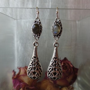 Retro Labradorite earrings set, drop art deco silver