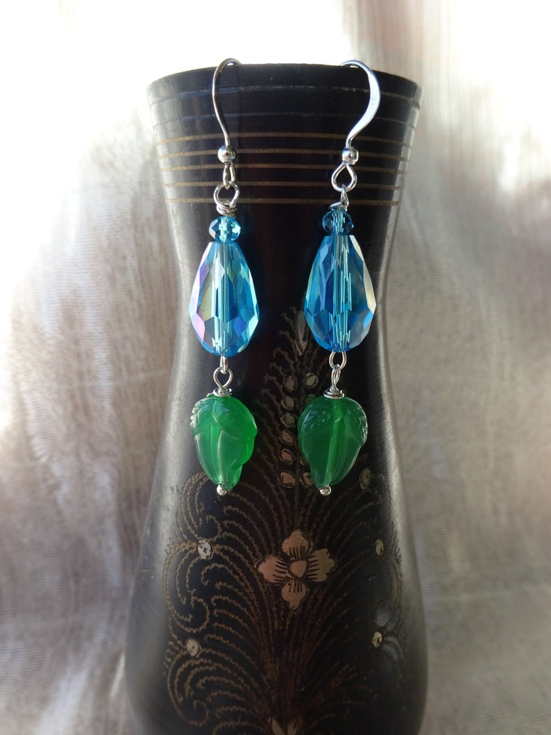 Czech glass green leaves silver drop earrings Blue Crystal