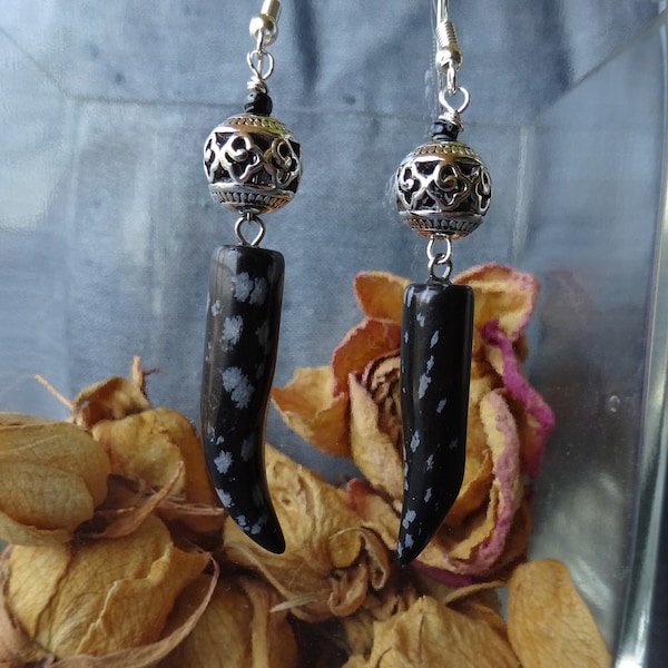 boucles d'oreilles ethniques corne en obsidienne flocon de neige,boule argent tibétain