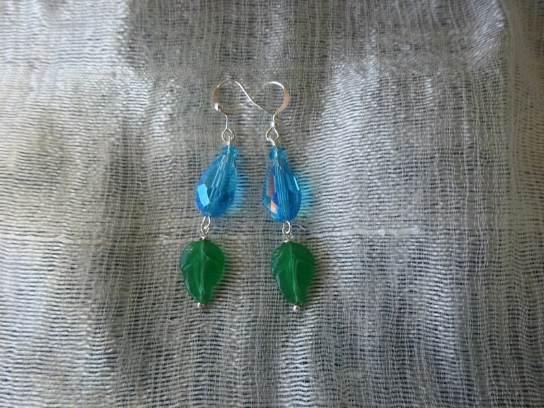 Czech glass green leaves silver drop earrings Blue Crystal