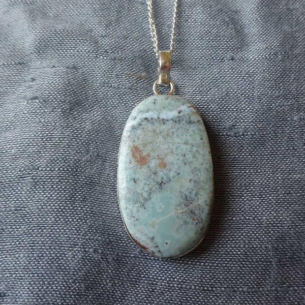 pendentif ovale larimar serti, chaîne argent