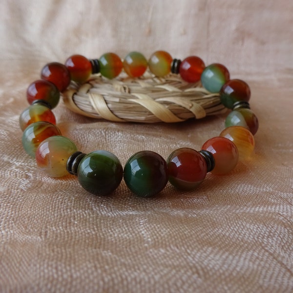 bracelet unisexe perles agate paon rouge et vert, rondelles bronze