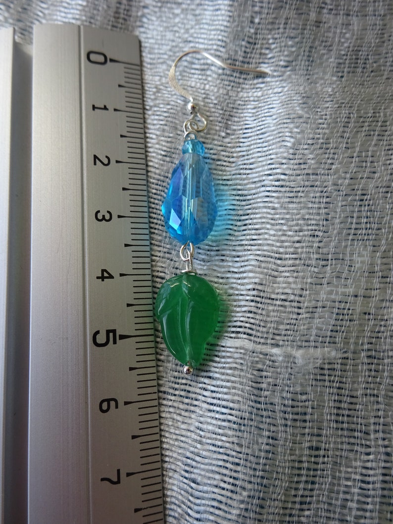 Czech glass green leaves silver drop earrings Blue Crystal