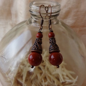 ethnic earrings beads of red jasper, copper