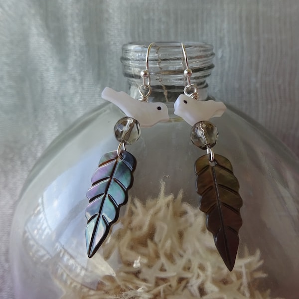 poetic white mother-of-pearl bird earrings, black mother-of-pearl leaf, faceted smoky quartz bead