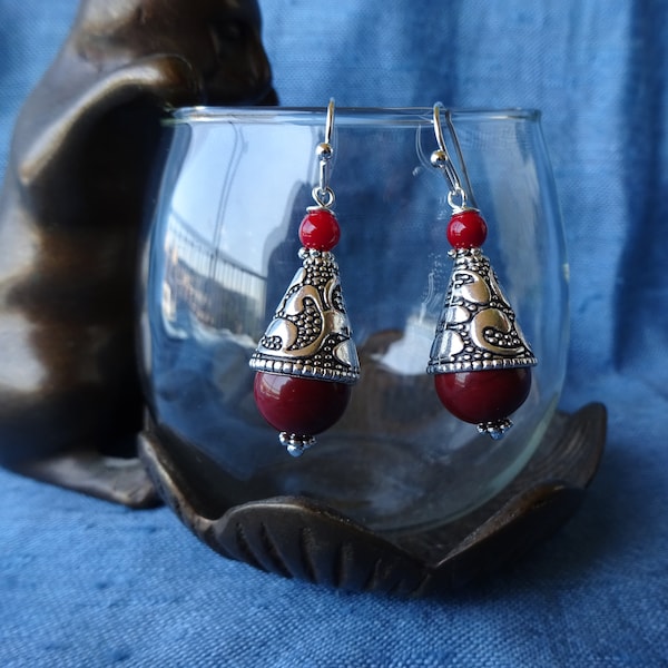 ethnic red jasper earrings, bamboo coral, Tibetan silver