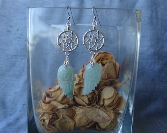 silver dreamcatcher earrings, green aventurine wings