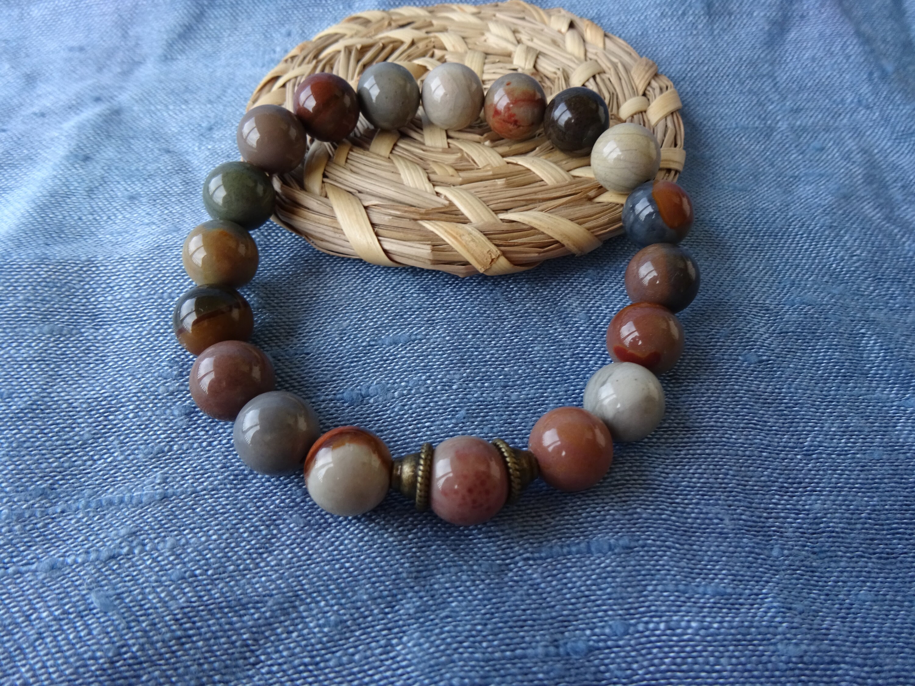 Bracelet Perles Agate, Jaspe Océan Et Disque Hématite - Fait Main Sur Mesure