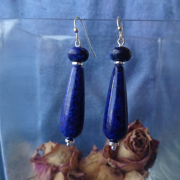 boucles d'oreilles longues gouttes et rondelles lapis-lazuli, hématite argentée