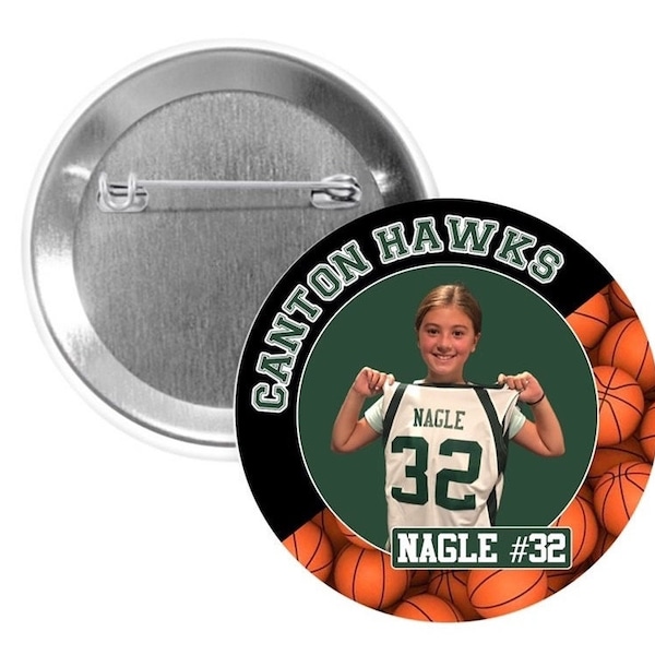 Personalized sports player button badge pin, player name number, custom photo pins, team spirit pin, team colors, basketball, soccer, hockey