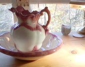 Vintage large pitcher and wash basin pink and white ceramic ewer bowl set dry sink antique country kitchen guest room farmhouse decor