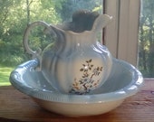 Vintage large pitcher and wash basin antique dry sink ceramic ewer bowl powder baby blue ivory floral flowers shabby chic farmhouse decor