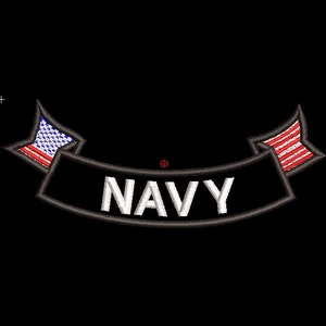 May include: Embroidered patch with the word "NAVY" in white block letters on a black banner. The banner is flanked by star-shaped elements featuring the American flag. The background is solid black.
