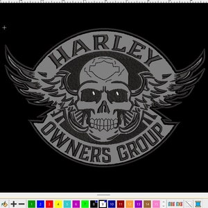 May include: A grey embroidered patch featuring a skull with wings. The text "Harley Owners Group" is written around the skull and wings.