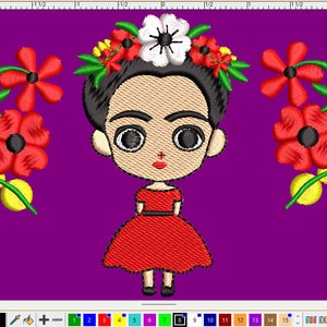 May include: Embroidered patch featuring a cartoon depiction of Frida Kahlo with a red dress and a flower crown. The background is purple and the flowers are red, white, and yellow.