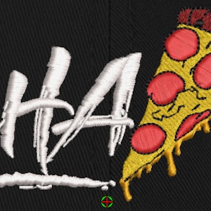 May include: A black baseball cap with white embroidered text that says "CHA" and a yellow, red, and brown embroidered pizza slice with dripping cheese.
