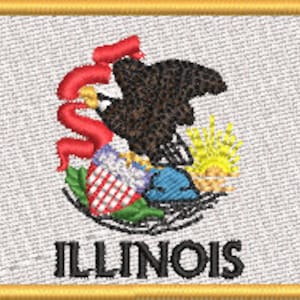 Op de afbeelding: Een geborduurde patch met het staatszegel van Illinois. Het zegel toont een Amerikaanse zeearend met een rode rol in zijn snavel, een schild met sterren en strepen, een blauwe pet en een gerstenschop. Het woord "ILLINOIS" staat in het zwart onder het zegel.
