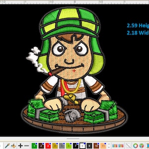 May include: Embroidered patch featuring a cartoon character wearing a green and yellow hat, a white shirt, and a gold chain. The character is holding stacks of money and smoking a cigar. The patch is 2.59 inches tall and 2.18 inches wide.