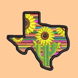 May include: A colorful embroidered patch in the shape of the state of Texas. The patch features a cactus, sunflowers, and colorful stripes.