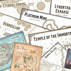 May include: A collection of fantasy maps and a book titled "Candlekeep Mysteries Beyond". The maps feature locations like "Pool of Eternal Spring", "Platinum Mine", and "Temple of the Immortal Lotus". The maps are detailed with grid lines and text.