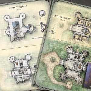 May include: Two detailed fantasy maps of a castle, labeled "Argynvostholt (Area Q)", with rooftop and beacon details. A small book titled "Curse of Strahd Beyond" is visible. The maps feature grid lines and compass rose details, ideal for tabletop gaming.
