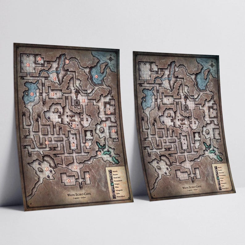 May include: A printable dungeon map for tabletop role-playing games. The map is titled "Wave Echo Cave" and features a detailed layout of a cave system with numbered rooms and various terrain features, including water, rock formations, and vegetation. The map is printed on a brown paper background.
