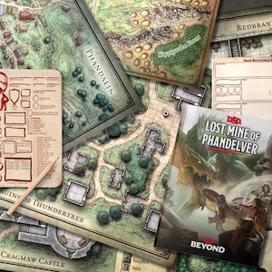 May include: A Dungeons & Dragons adventure book titled "Lost Mine of Phandelver" with a green dragon on the cover. The book is surrounded by various maps and character sheets, including a map of Phandalin.