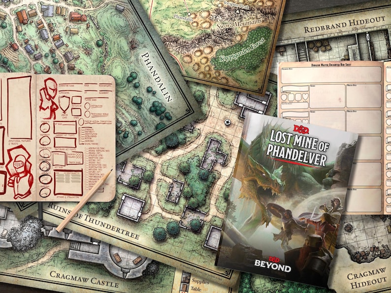 May include: A Dungeons & Dragons adventure book titled "Lost Mine of Phandelver" with a green dragon on the cover. The book is surrounded by various maps and character sheets, including a map of Phandalin.