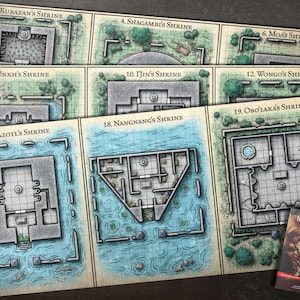 May include: A set of nine illustrated maps of shrines, each with a unique layout and design. The maps are printed on a light brown paper with a grid pattern. The maps are titled with the names of the shrines, such as "Kubazan's Shrine" and "Shagambi's Shrine". The maps are part of a game called "Tomb of Annihilation".