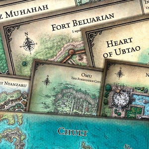 May include: A collection of vintage-style maps with titles like "Aataaz Muhahah", "Fort Beluarian", "Omu The Forbidden City", "Heart of Ubtao", "Port Nyanzaru", "Chult", and "Nangalore".
