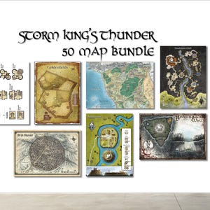 May include: A collection of fantasy maps, including a city map, a coastal region, and various locations. The maps are labeled with titles such as "Goldenfields" and "Bryn Shander." The text "Storm King's Thunder 50 Map Bundle" is displayed at the top.